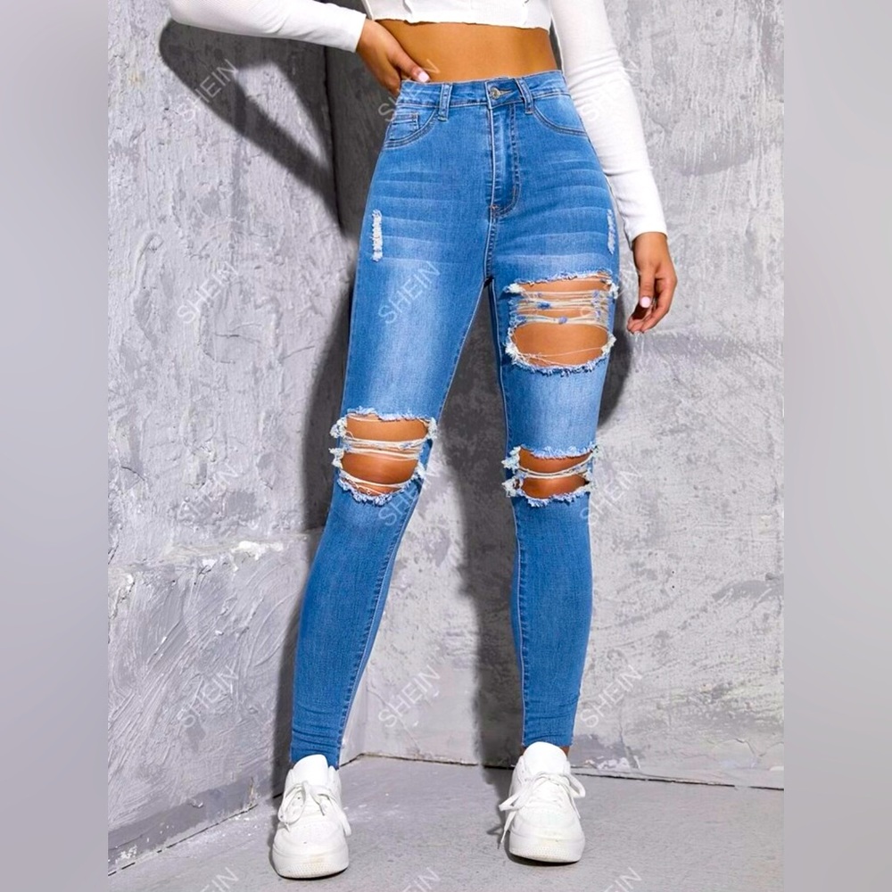 Shein Essence High Waist Rip Cutout Skinny Jeans